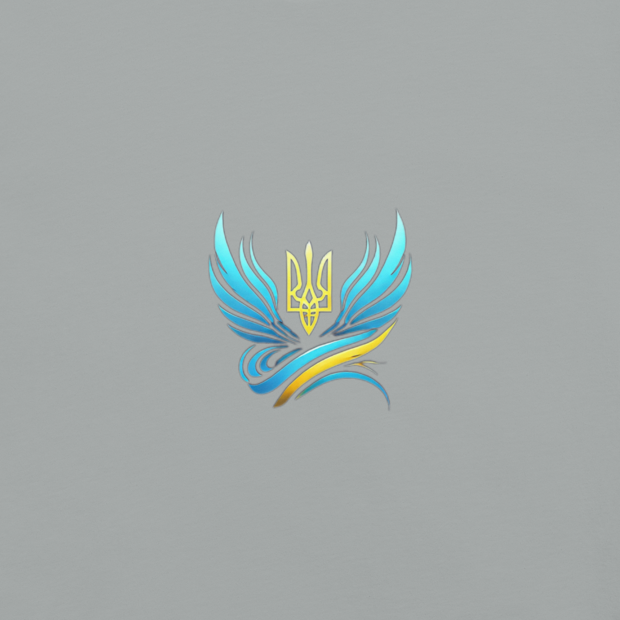 Ukrainian Vibe Trizub logo with stylized blue and yellow design on a gray background, representing cultural pride and identity.