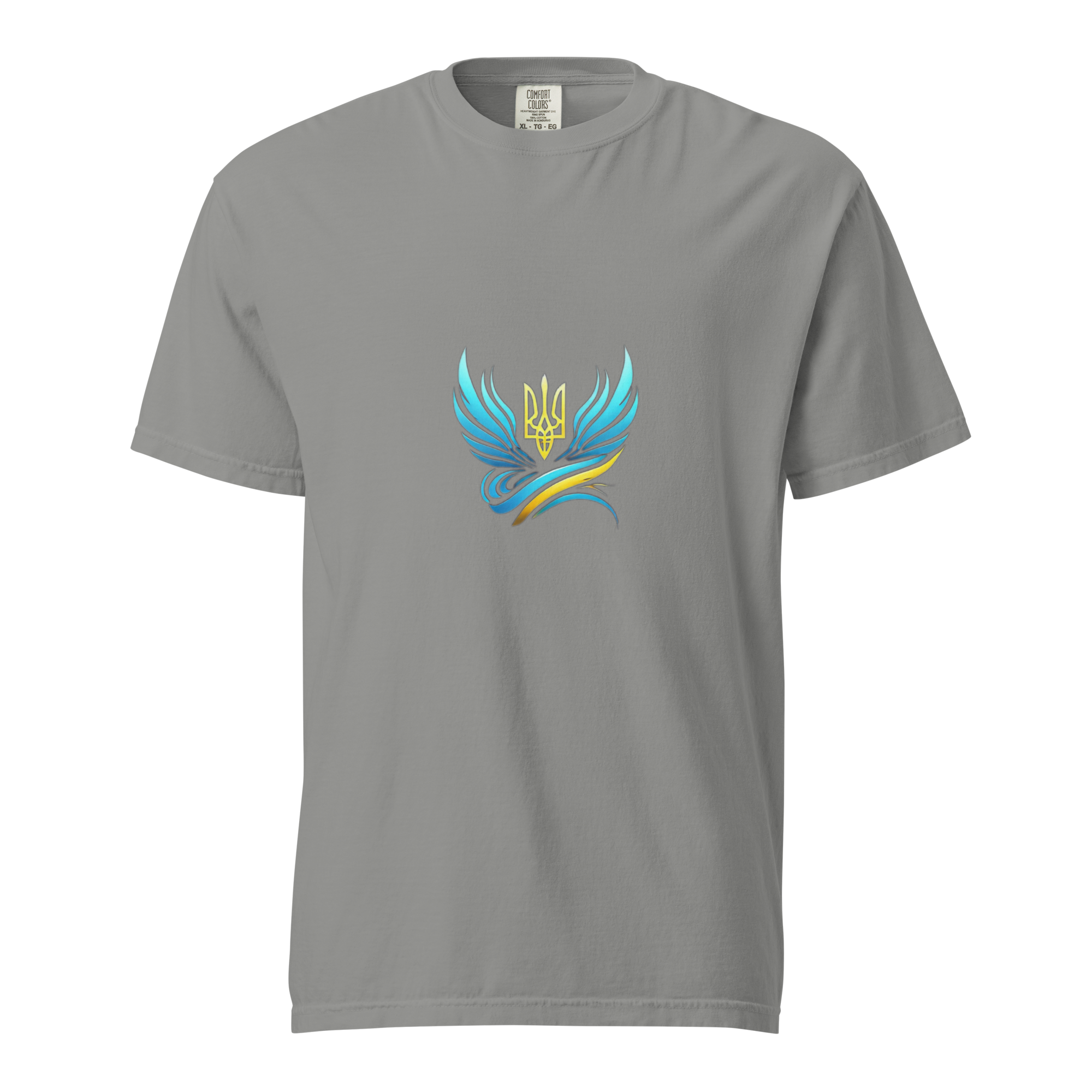 Women's heavyweight t-shirt from Ukrainian Vibe Trizub Collection, featuring a unique garment-dyed finish and Trizub emblem on the front.