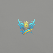 Ukrainian Vibe Trizub design on gray background, featuring a stylized blue and yellow trident.