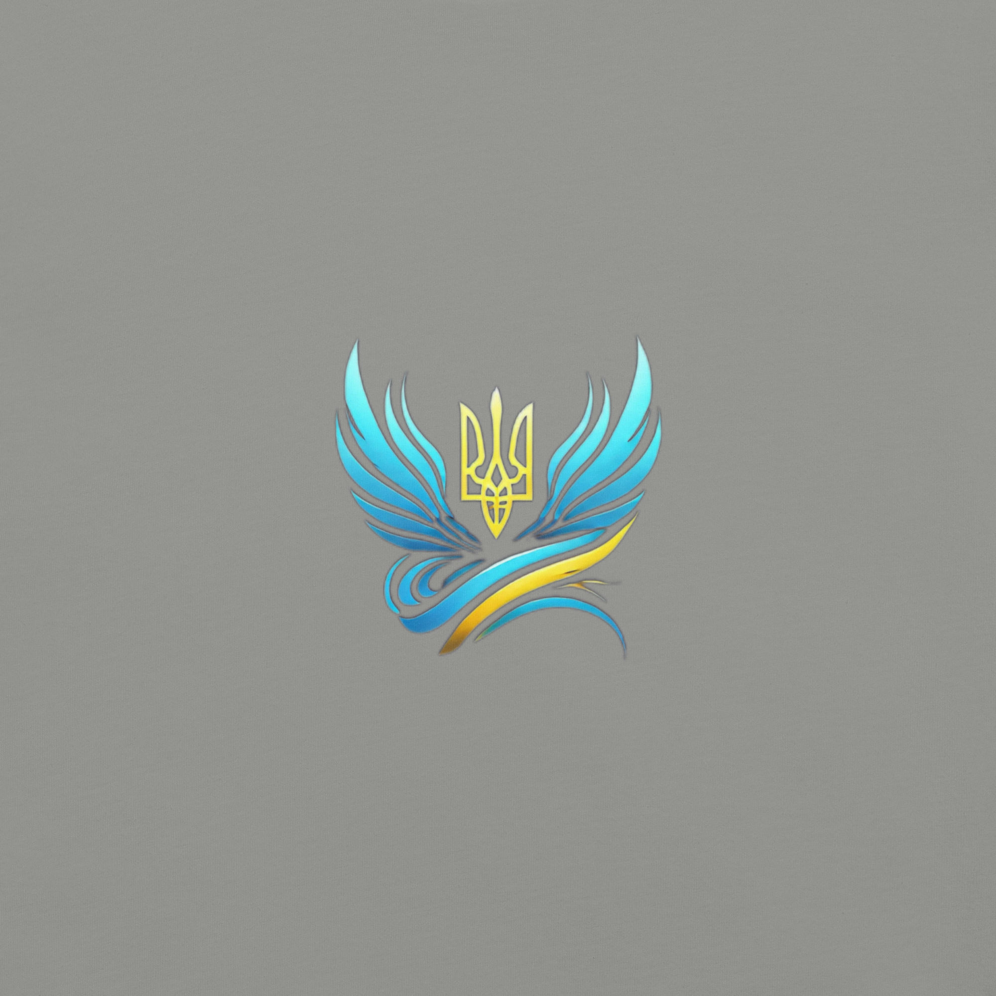 Ukrainian Vibe Trizub design on gray background, featuring a stylized blue and yellow trident.