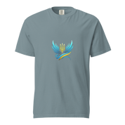 Women's garment-dyed heavyweight T-shirt from Ukrainian Vibe Trizub Collection, featuring a unique Trizub logo on the front.