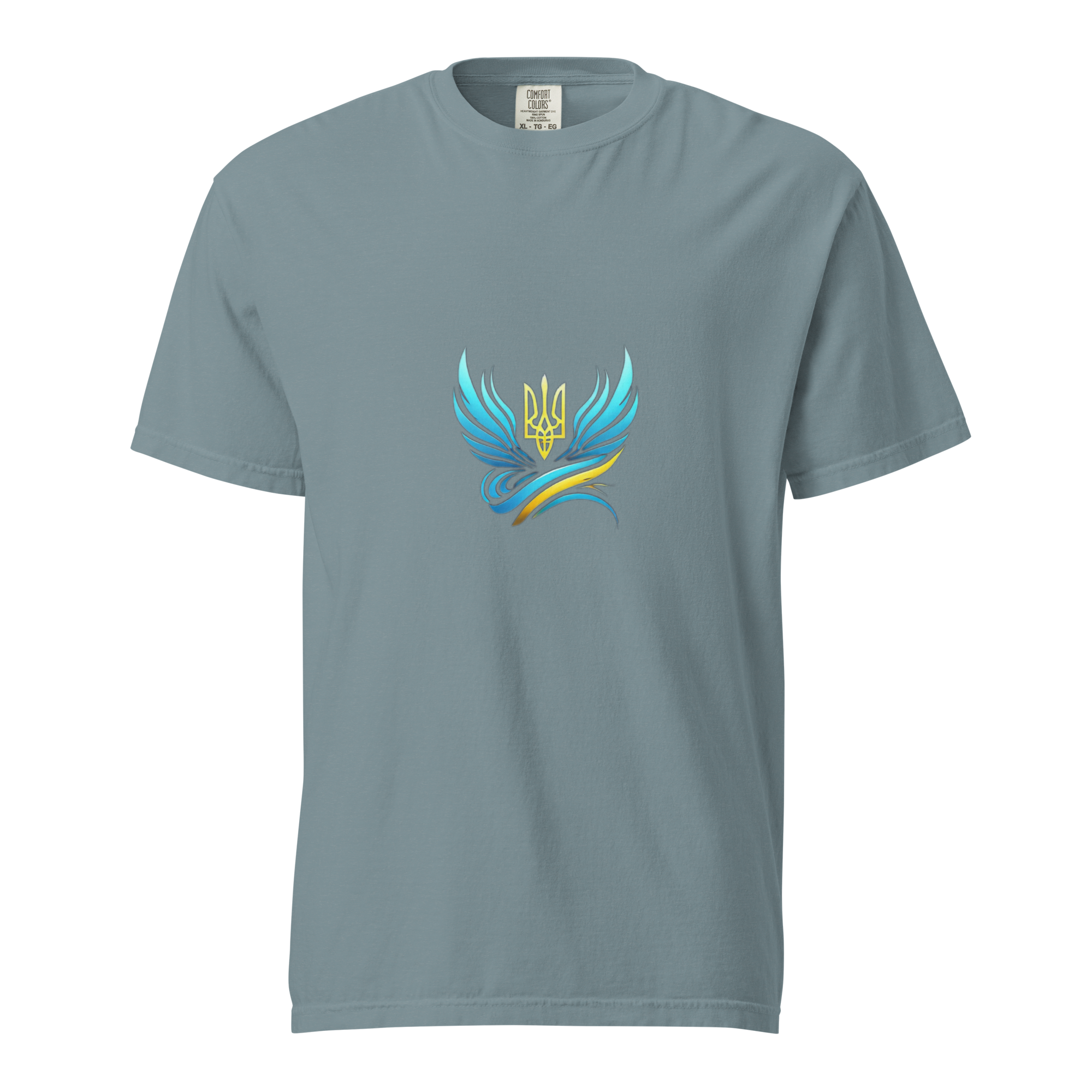 Women's garment-dyed heavyweight T-shirt from Ukrainian Vibe Trizub Collection, featuring a unique Trizub logo on the front.
