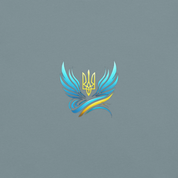 Stylized Ukrainian Trident emblem with blue wings on gray background.
