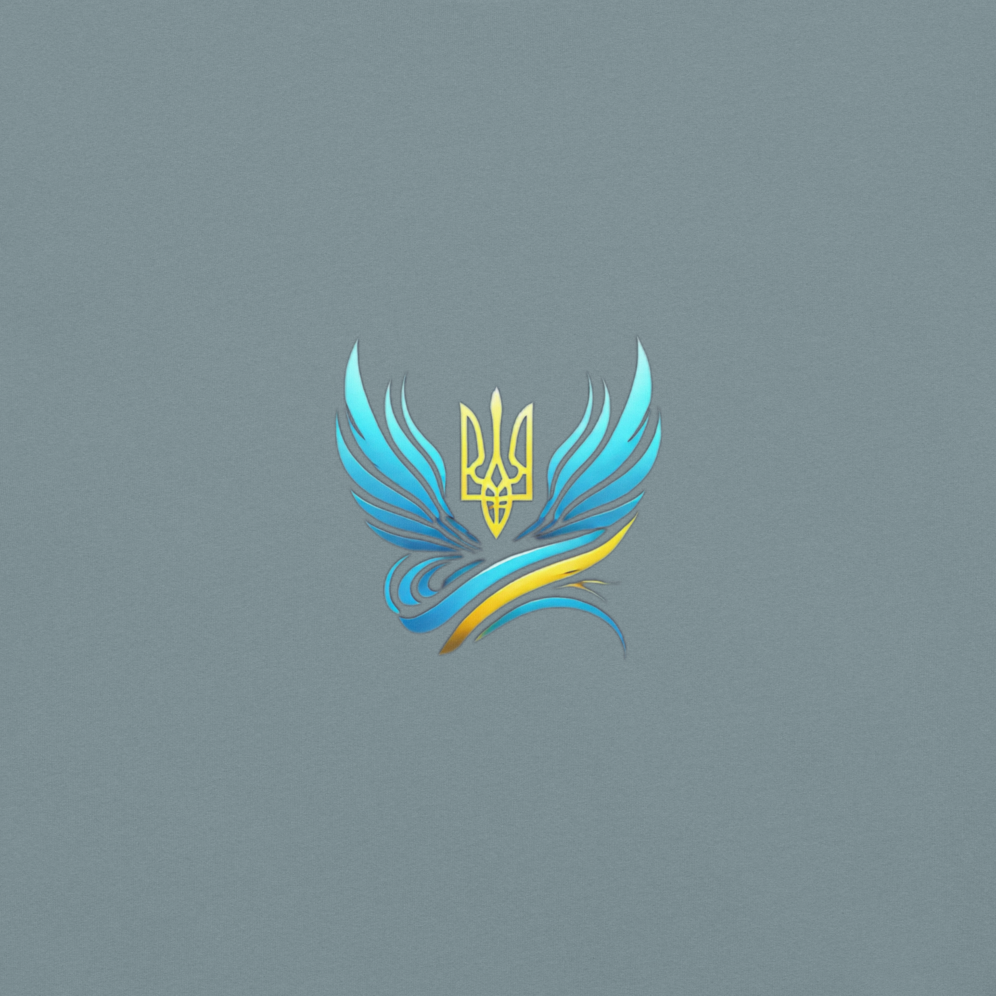 Stylized Ukrainian Trident emblem with blue wings on gray background.