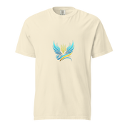 Ukrainian Vibe Trizub Collection women's heavyweight t-shirt with embroidered Trizub design on cream fabric, front view.