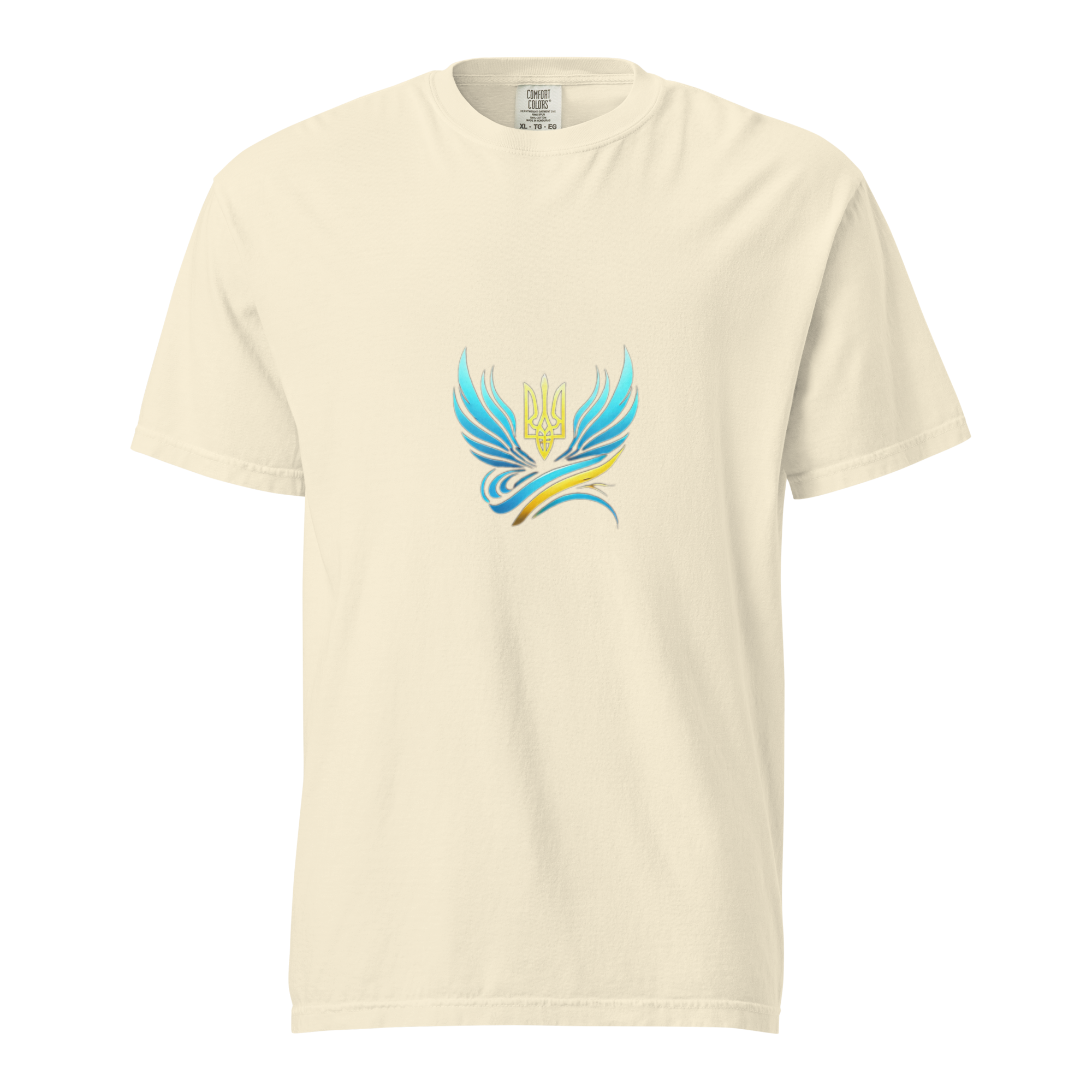 Ukrainian Vibe Trizub Collection women's heavyweight t-shirt with embroidered Trizub design on cream fabric, front view.