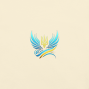 Stylized trident design with blue wings and yellow accents on Ukrainian Vibe Trizub t-shirt.