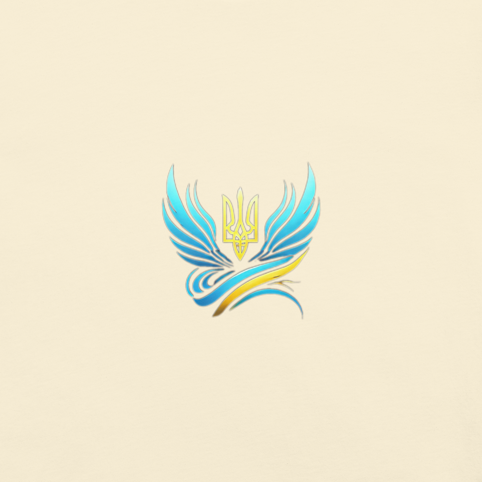 Stylized trident design with blue wings and yellow accents on Ukrainian Vibe Trizub t-shirt.