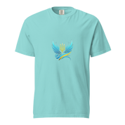 Ukrainian Vibe Trizub Collection women's garment-dyed heavyweight t-shirt in blue, featuring a unique trident design on the front.