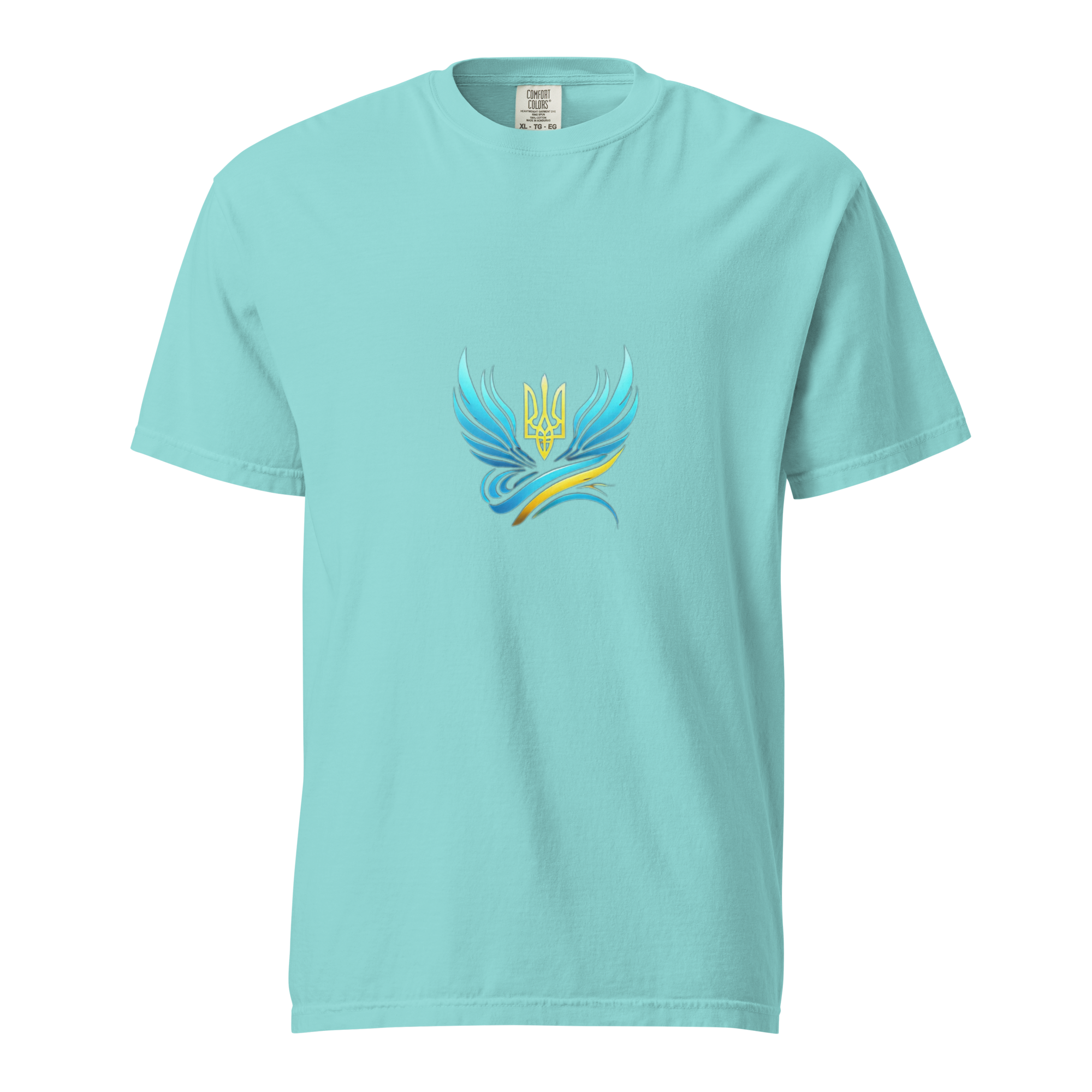 Ukrainian Vibe Trizub Collection women's garment-dyed heavyweight t-shirt in blue, featuring a unique trident design on the front.