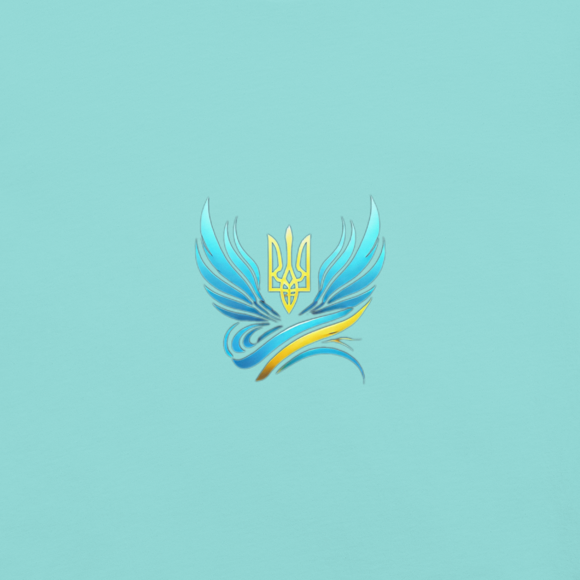 Ukrainian Vibe Trizub Collection logo with wings on aqua background, symbolizing strength and heritage.
