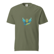Ukrainian Vibe Trizub Collection women's garment-dyed heavyweight t-shirt in olive green with a vibrant Trizub logo design.