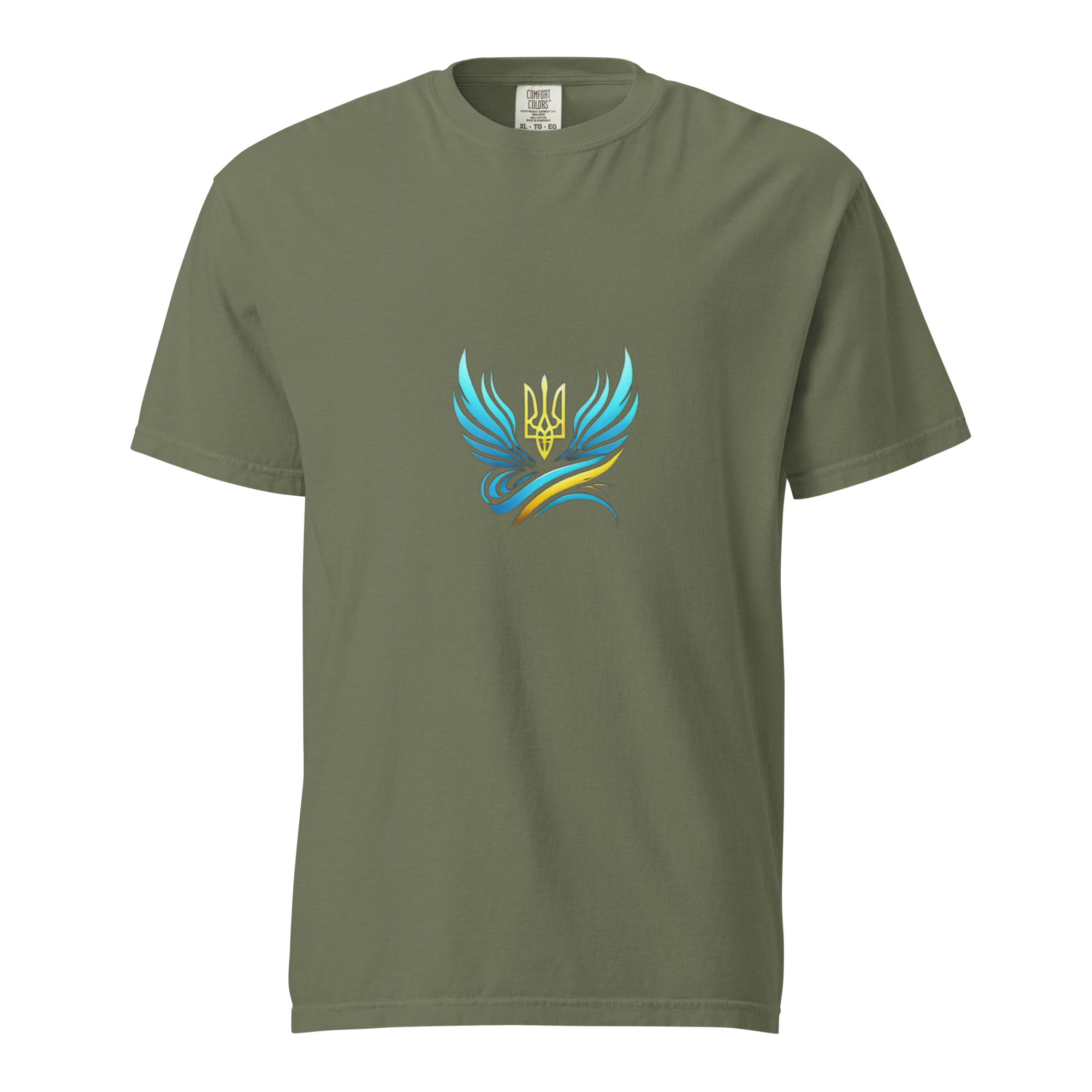 Ukrainian Vibe Trizub Collection women's garment-dyed heavyweight t-shirt in olive green with a vibrant Trizub logo design.