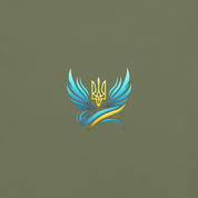 Ukrainian Trizub symbol with blue and yellow wings on olive background