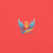 Ukrainian Vibe Trizub t-shirt with vibrant blue and yellow stylized design on red background.
