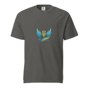 Ukrainian Vibe Trizub Collection women's heavyweight t-shirt in gray featuring colorful Trizub emblem.