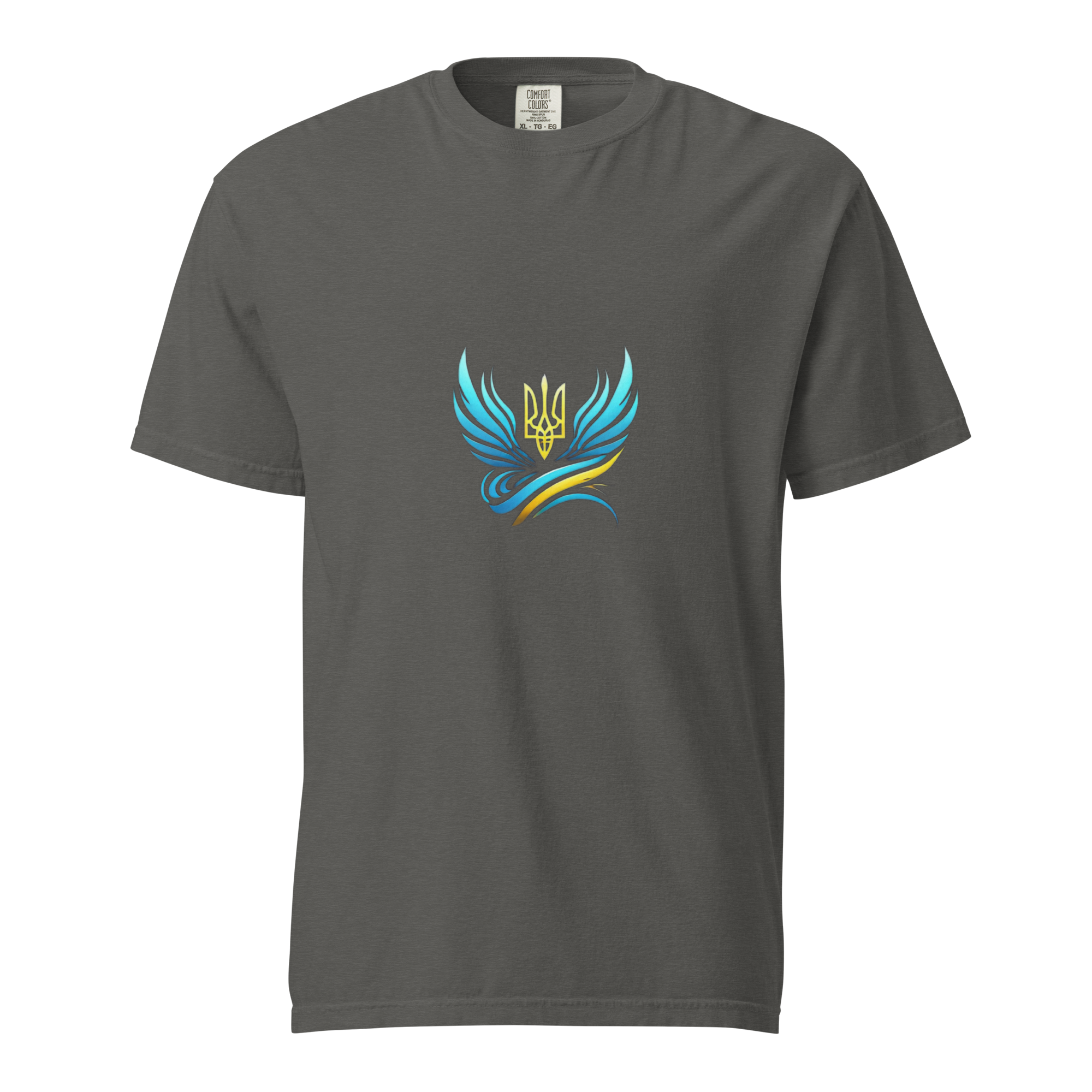 Ukrainian Vibe Trizub Collection women's heavyweight t-shirt in gray featuring colorful Trizub emblem.