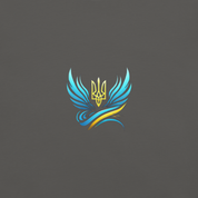 Ukrainian Trizub symbol with elegant blue and gold graphic wings design on a dark gray background
