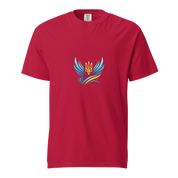 Ukrainian Vibe Trizub Collection red t-shirt with vibrant blue and yellow Trizub logo, women's garment-dyed heavyweight tee.