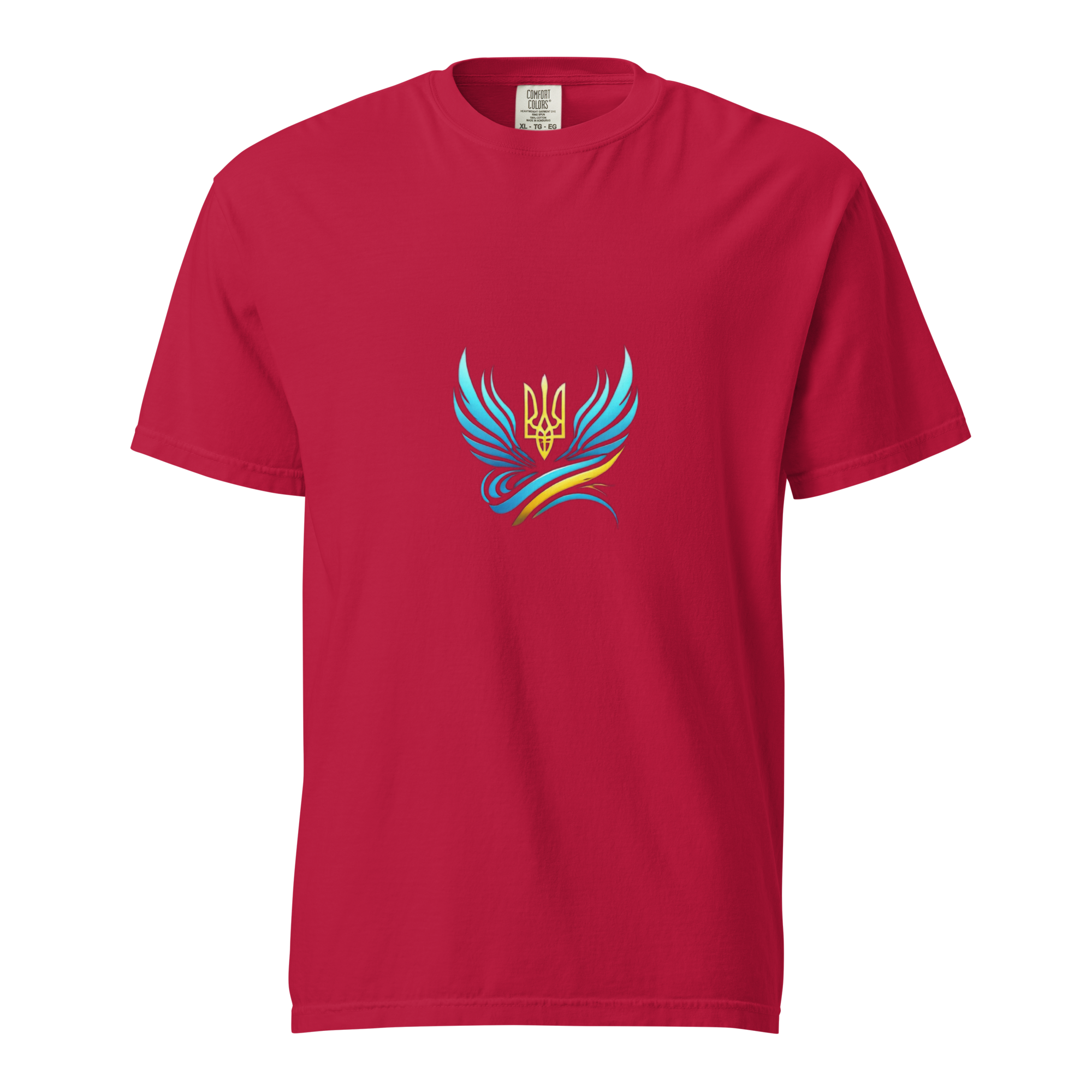 Ukrainian Vibe Trizub Collection red t-shirt with vibrant blue and yellow Trizub logo, women's garment-dyed heavyweight tee.
