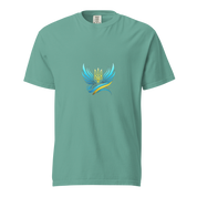 Women's garment-dyed heavyweight t-shirt with Ukrainian Trizub design in blue and yellow on green fabric, 100% ring-spun cotton.