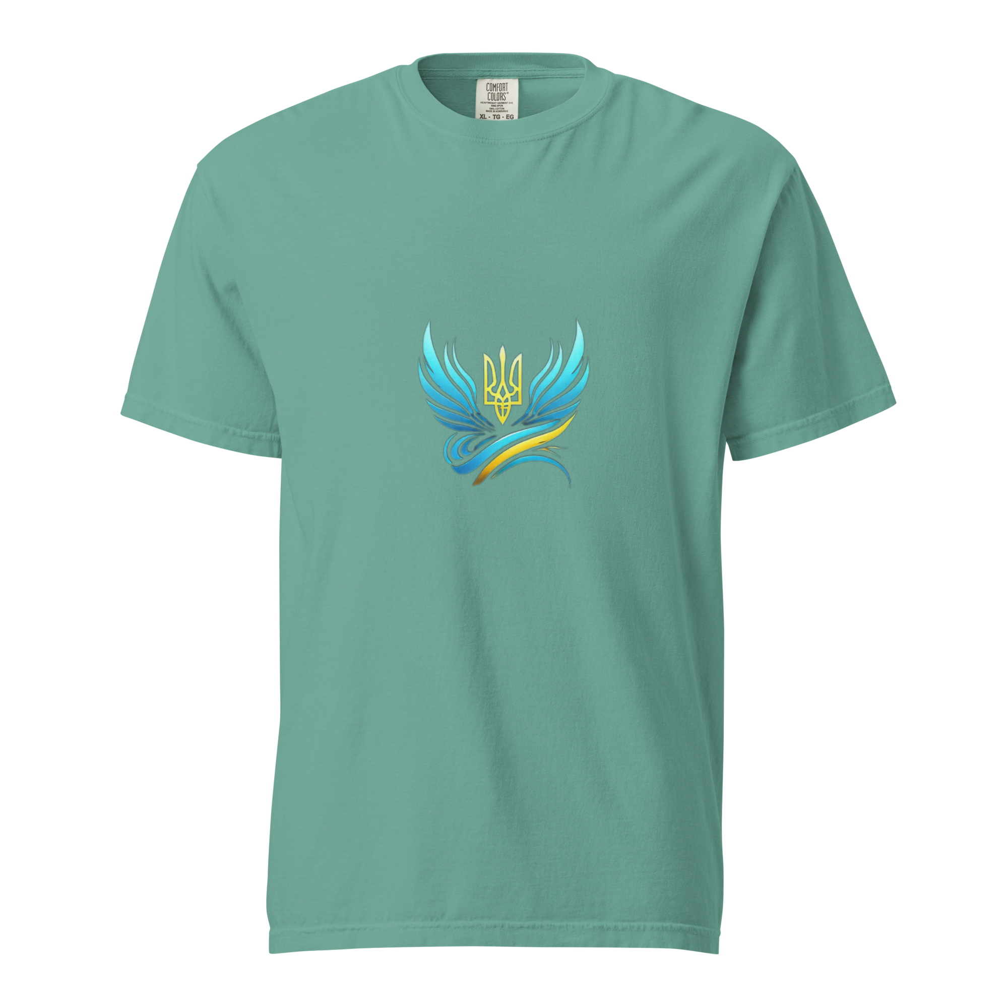 Women's garment-dyed heavyweight t-shirt with Ukrainian Trizub design in blue and yellow on green fabric, 100% ring-spun cotton.