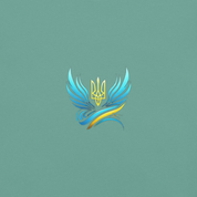 Stylized Ukrainian trident logo with wings and ribbon on teal background