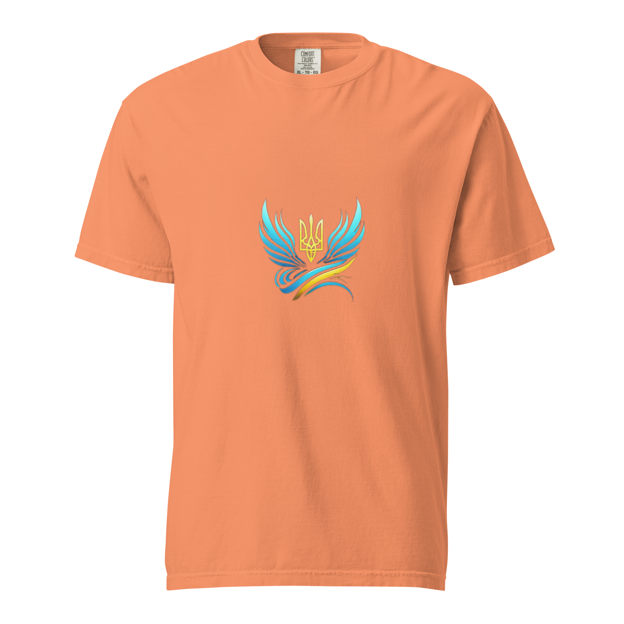 Women's orange heavyweight tee from Ukrainian Vibe Trizub Collection featuring a vibrant trident design.