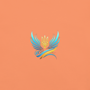 Ukrainian Vibe Trizub emblem on orange background, featured in women's garment-dyed heavyweight t-shirt design.