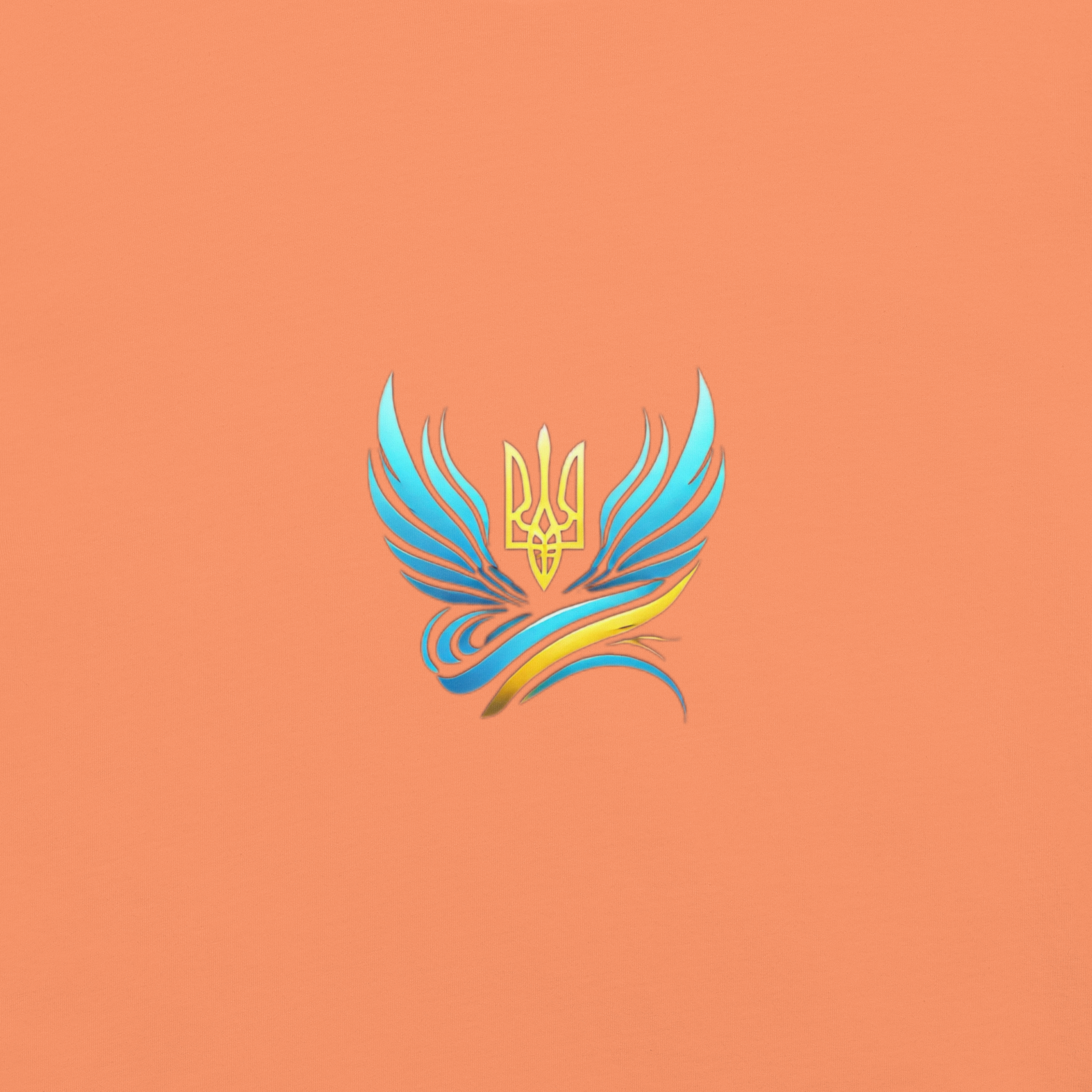 Ukrainian Vibe Trizub emblem on orange background, featured in women's garment-dyed heavyweight t-shirt design.