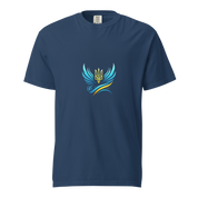 Ukrainian Vibe Trizub Collection women's garment-dyed heavyweight t-shirt in blue with Trident symbol and wing design.