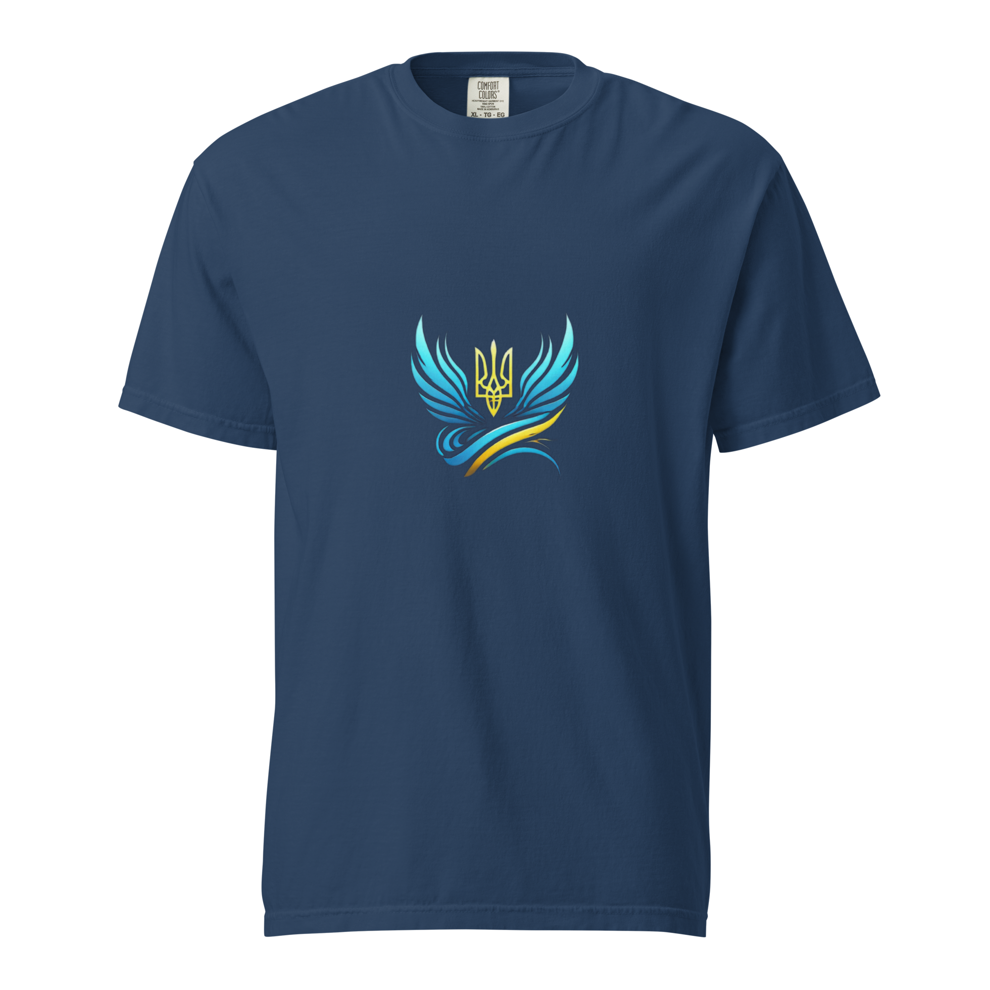 Ukrainian Vibe Trizub Collection women's garment-dyed heavyweight t-shirt in blue with Trident symbol and wing design.