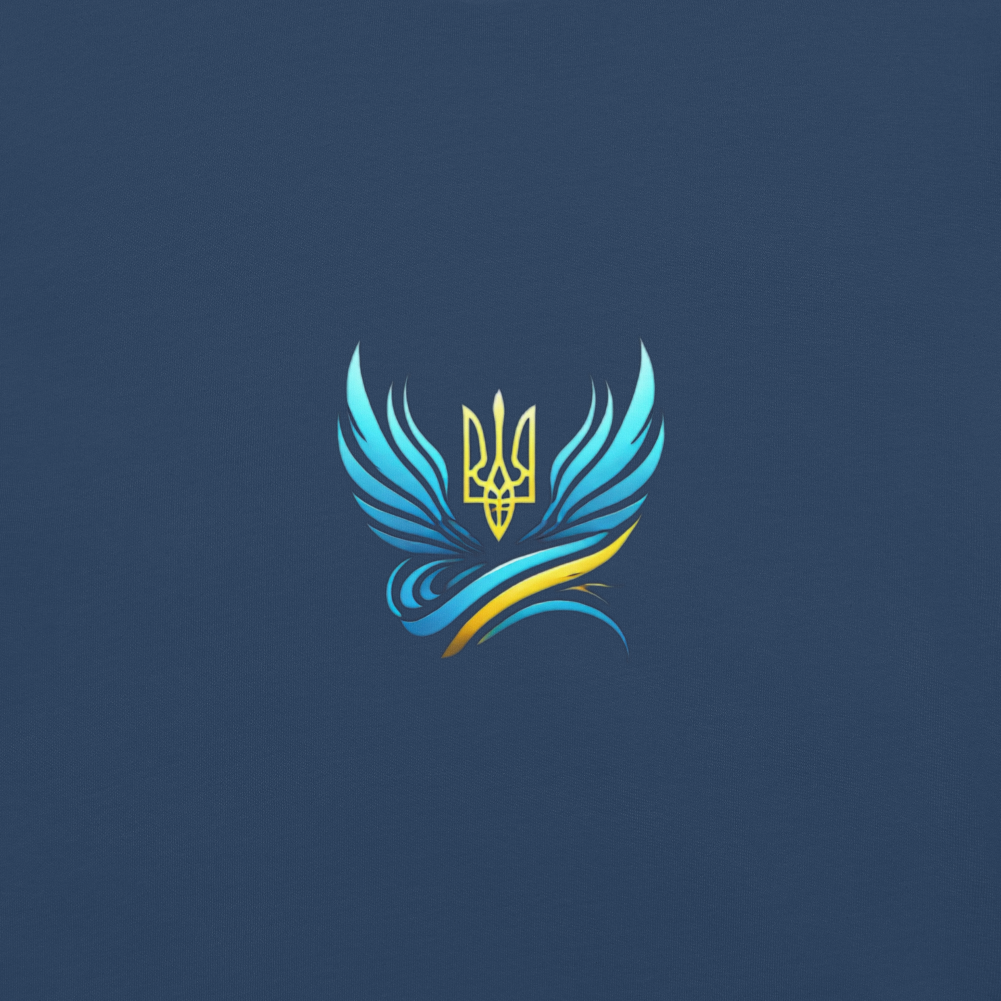 Stylized Trizub emblem with blue and yellow wings on dark background, representing Ukrainian Vibe.
