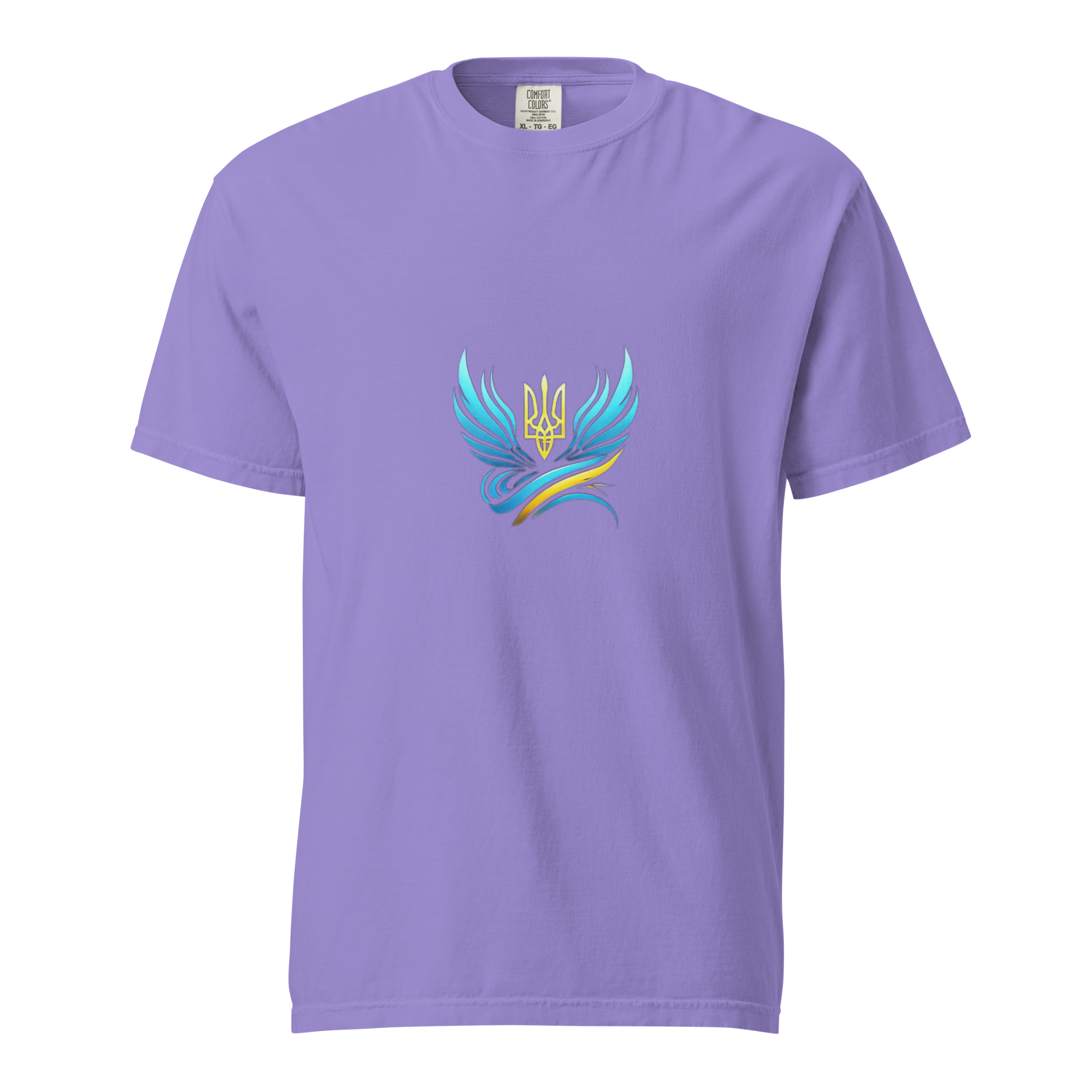 Ukrainian Vibe Trizub Collection women's garment-dyed t-shirt in lavender with unique Trizub design, made from 100% ring-spun cotton.