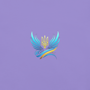 Trizub emblem design with blue and gold wings on a purple background from Ukrainian Vibe Collection.