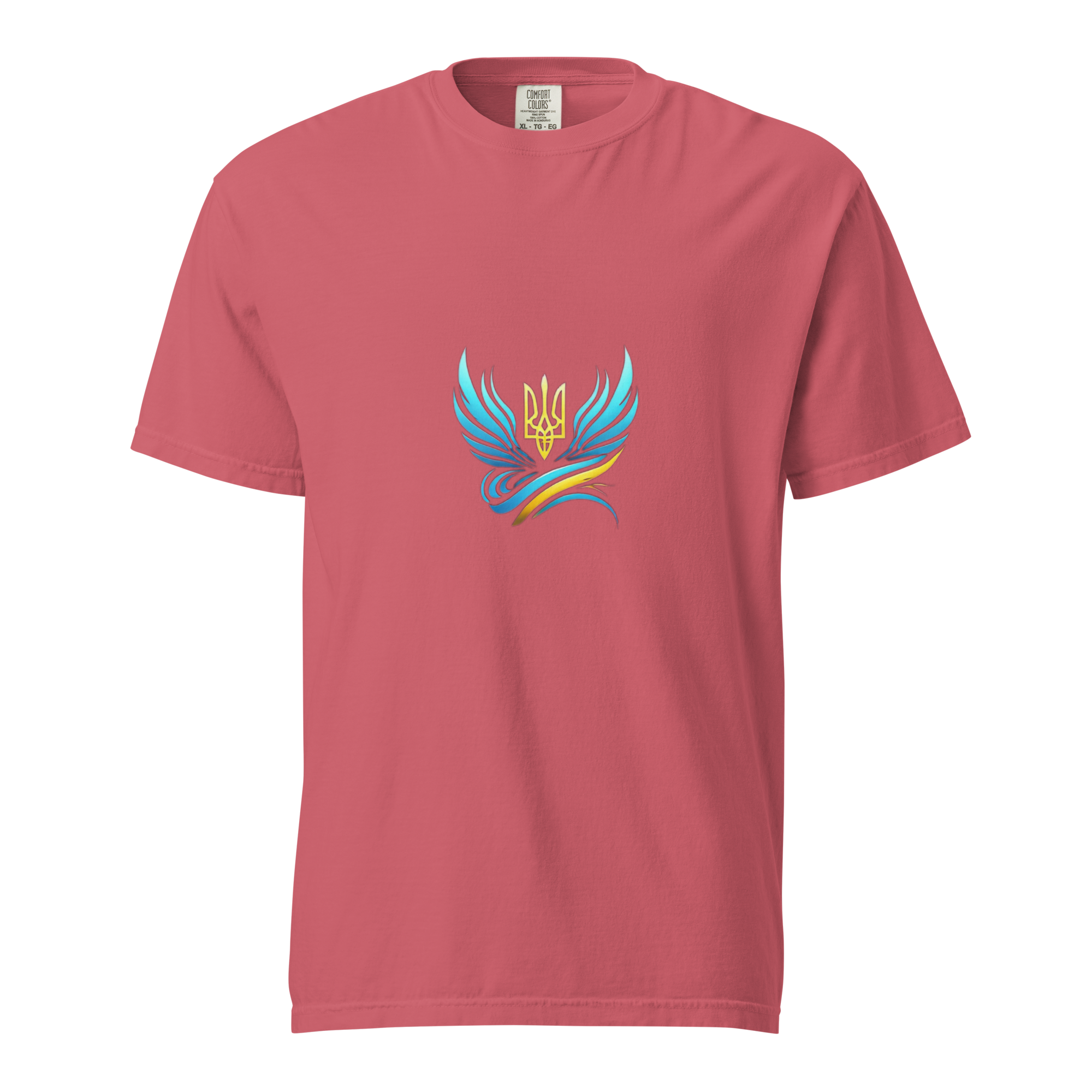 Ukrainian Vibe Trizub Collection women's heavyweight t-shirt in red featuring a vibrant trident design, 100% ring-spun cotton.