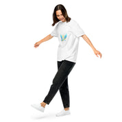 Model wearing Ukrainian Vibe Trizub Collection t-shirt, showcasing structured yet soft heavyweight design. Casual and relaxed fit.