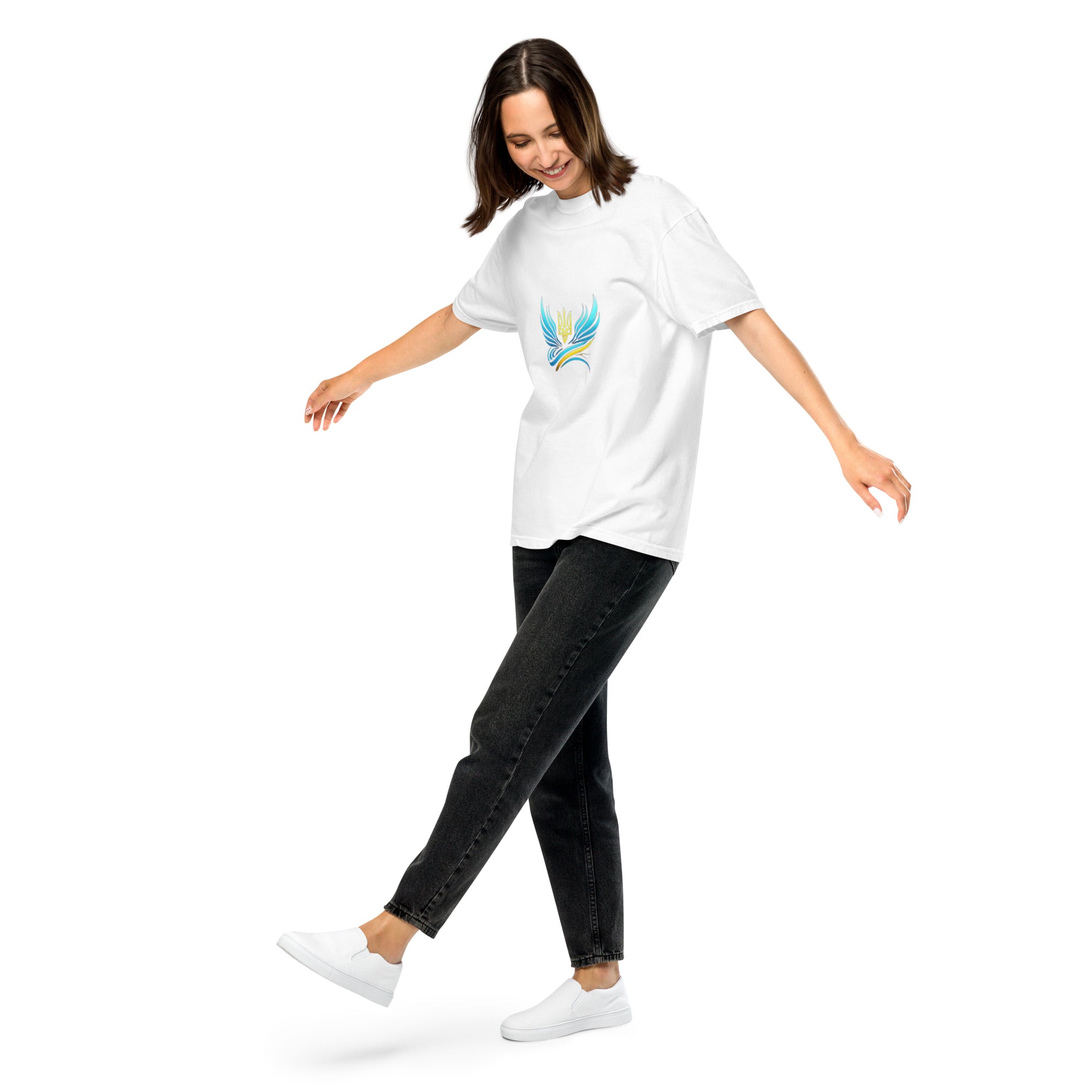 Model wearing Ukrainian Vibe Trizub Collection t-shirt, showcasing structured yet soft heavyweight design. Casual and relaxed fit.