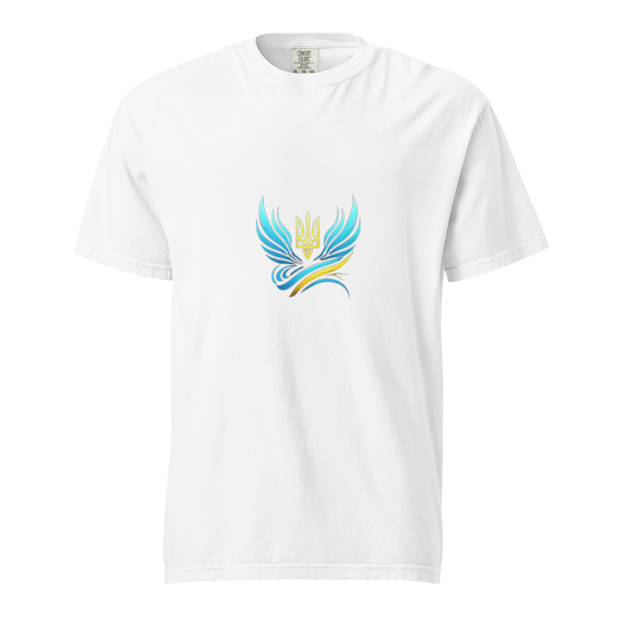 Ukrainian Vibe Trizub women's white heavyweight t-shirt with blue and yellow graphic, 100% ring-spun cotton, casual fit.