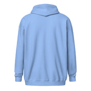 Light blue women's heavy blend hoodie with hood, back view, showcasing cozy fleece material and tailored fit.