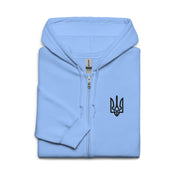 Women's light blue hoodie with Ukrainian Tryzub design, soft fleece lining, cozy heavy blend fabric, tailored for warmth and comfort.
