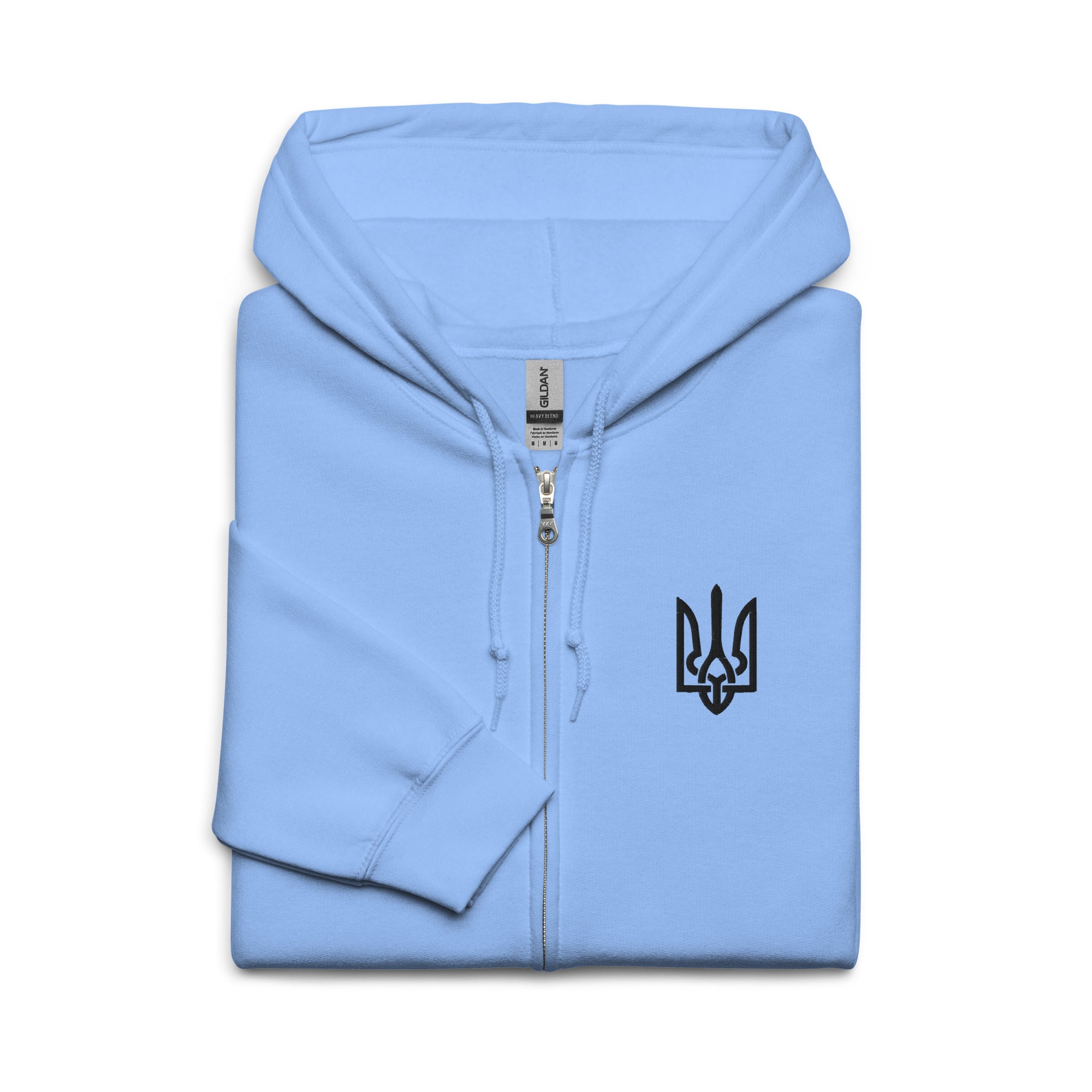 Women's light blue hoodie with Ukrainian Tryzub design, soft fleece lining, cozy heavy blend fabric, tailored for warmth and comfort.