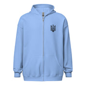 Women's blue zip hoodie with Ukrainian Tryzub design, featuring cozy fleece and tailored fit for warmth and comfort.