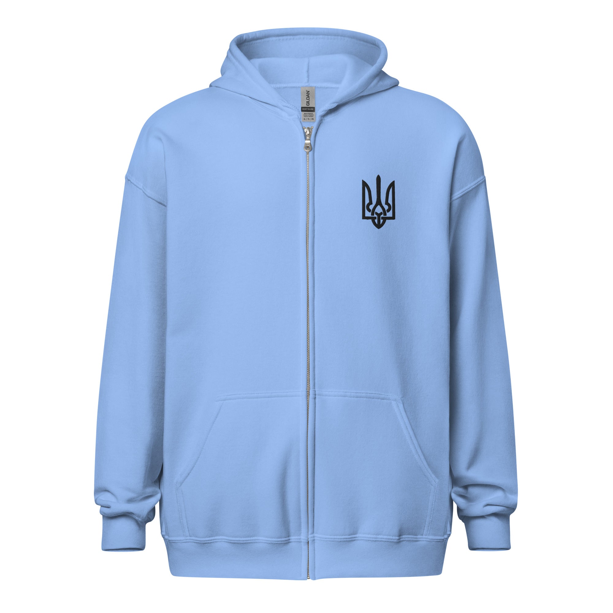 Women's blue zip hoodie with Ukrainian Tryzub design, featuring cozy fleece and tailored fit for warmth and comfort.