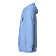 Women's blue zip hoodie with Ukrainian Tryzub, featuring a cozy fleece lining and tailored fit.