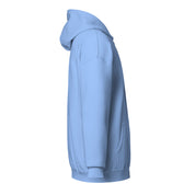 Women's blue zip hoodie side view, heavy blend with cozy fleece lining, showcasing Ukrainian Tryzub design for warmth and comfort.