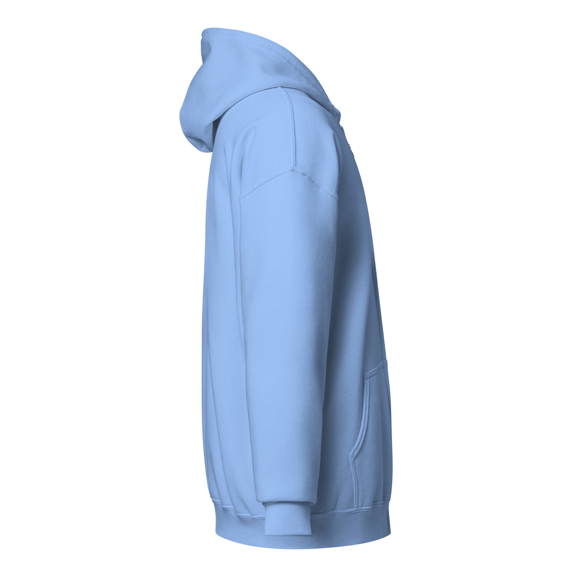 Women's blue zip hoodie side view, heavy blend with cozy fleece lining, showcasing Ukrainian Tryzub design for warmth and comfort.