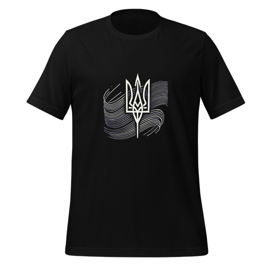 Unisex Eco-Friendly T-Shirt with Ukrainian Tryzub Emblem – Sustainable Patriotic Tee in Casual Black and White Design