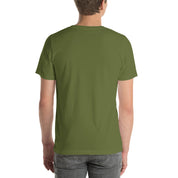 Man wearing a green T-shirt shown from the back, paired with gray jeans against a plain background.