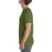 Side view of a man wearing an olive green T-shirt demonstrating a comfortable unisex fit.